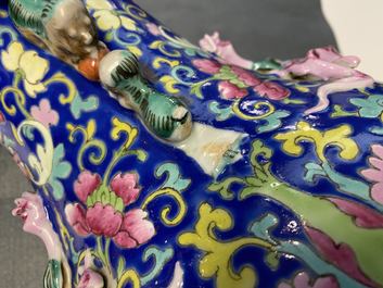 A Chinese famille rose blue-ground vase, 19th C.